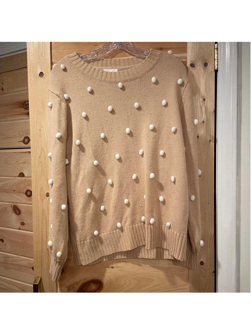 Pink Lily Women's Beige Sweater with Pom Pom Details, Size Small